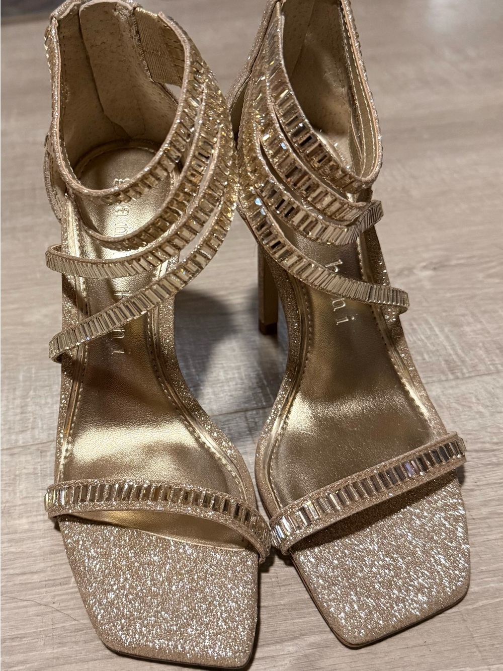 Gianni Bini Gold Glitter Strappy High Heels with Crystal Trim